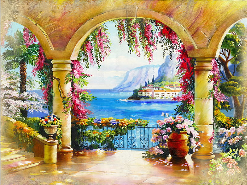 Paradise view from the arch, colroful, pretty, mediterraneo, art, lovely, view, town, vase, bonito, que, sea, arch, paradise, flowers, village, coast, HD wallpaper