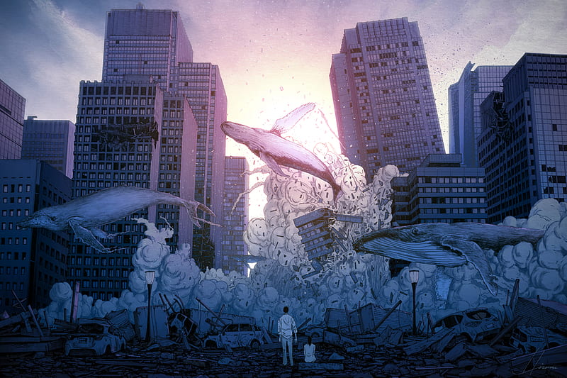 Anime, City, Building, Ruin, Whale, HD wallpaper | Peakpx