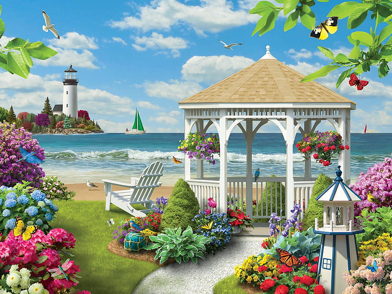 Pavilion, art, seagull, lighthouse, sea, vara, butterfly, bird, painting, summer, flower, pictura, HD wallpaper