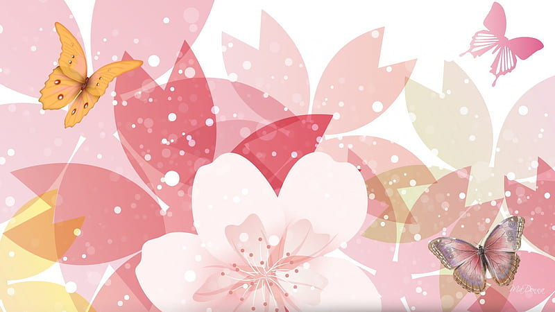 Apple Blossom Art, apple blossom, flowers, Sakura, scatter, spring, cherry blossoms, butterfly, papillon, flowers, petals, blooms, HD wallpaper