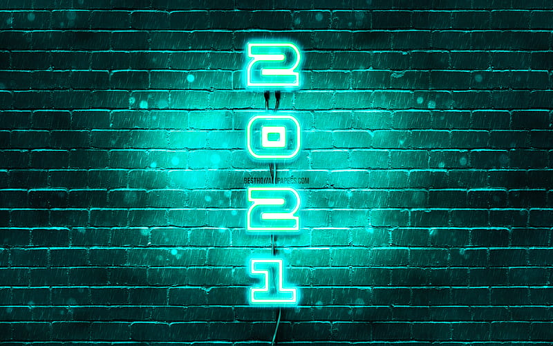 Happy New Year 2021, turquoise neon digits turquoise brickwall, 2021 turquoise digits, 2021 concepts, 2021 new year, vertical neon inscription, 2021 on turquoise background, 2021 year digits, HD wallpaper