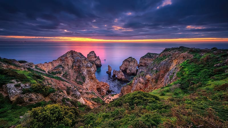 Ponta da Piedade, Algarve, Portugal, shore, clouds, colors, sky, rocks, atlantic, ocean, sunset, HD wallpaper