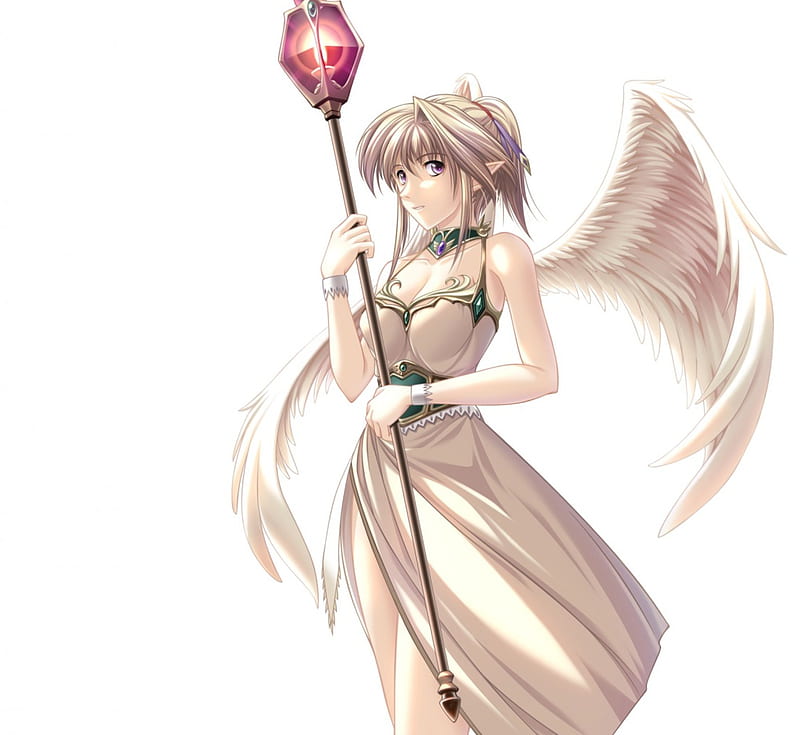 Angel Sorcerer, staff, dress, cane, wing, anime, feather, hot, anime girl, weapon, female, wings, angel, rod, sexy, plain, cute, girl, simple, white, HD wallpaper