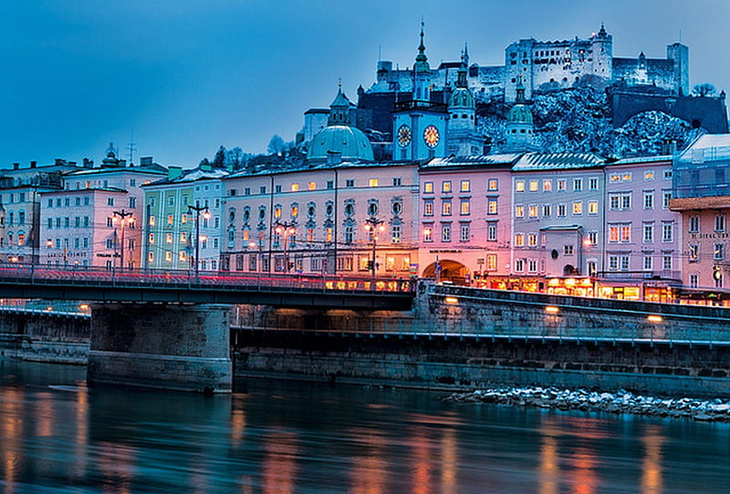 Salzburg ~ Winter Blue, Austria, view, bridges, bonito, lights, winter, graphy, Salzburg, rivers, blue, HD wallpaper