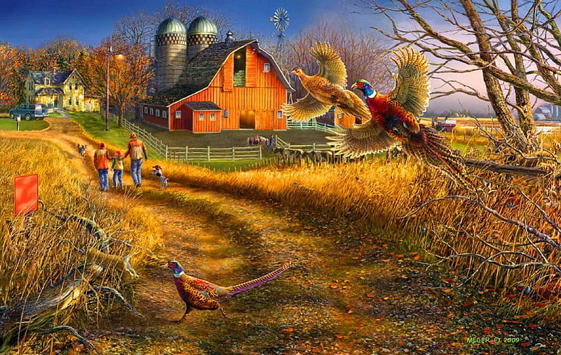 Autumn farmland, fall, autumn, house, barn, countryside, farm, painting, path, village, kids, rural, art, rustic, calmness, pheasant, colors, birds, sky, trees, horses, farmland, serenity, peaceful, stable, HD wallpaper