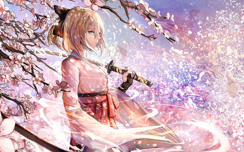Sakura Saber, Fate Series, anime characters, sakura, cherry blossom, katana, samurai, spring, HD wallpaper