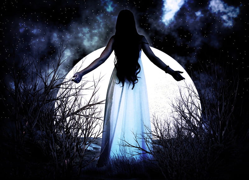 Greeting The Moon, fantasy, moon, woman, night, HD wallpaper | Peakpx