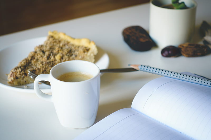 Coffee break, Pencil, Cake, Coffee, Notebook, White, Cup, HD wallpaper