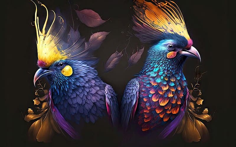 Royal birds with bright plumage, blue, feahters, digital, art, yellow, HD wallpaper