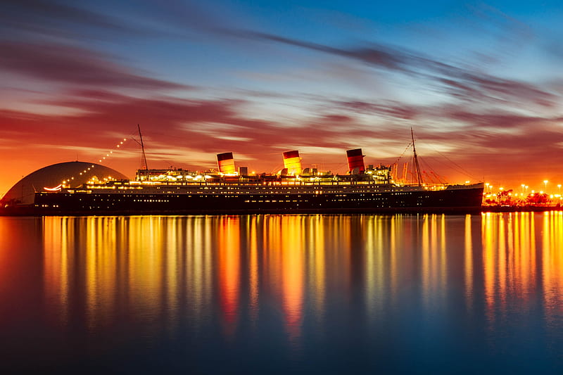 luxury cruise, ship, sunset, ocean, dusk, scenery, reflection, Vehicle, HD wallpaper