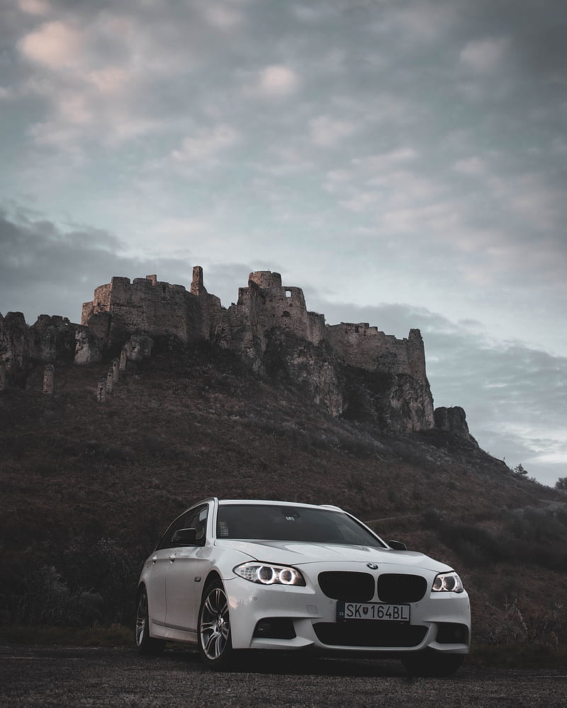 bmw, car, white, front view, rock, nature, HD phone wallpaper
