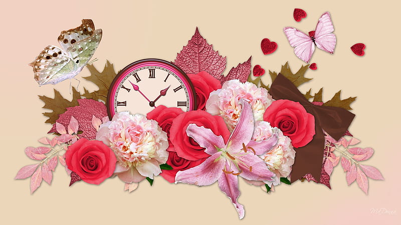 Time for Summer, rose, clock, firefox persona, carnations, corazones, leaves, butterfly, flowers, lily, pink, HD wallpaper