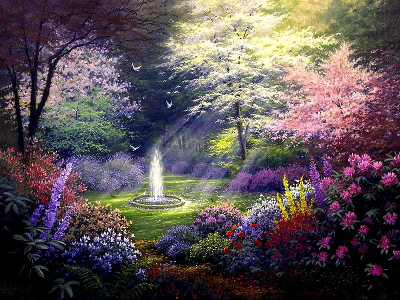 Enchanting, art, fountain, birds, trees, bushes, promise, doves, painting, flowers, garden, nature, HD wallpaper