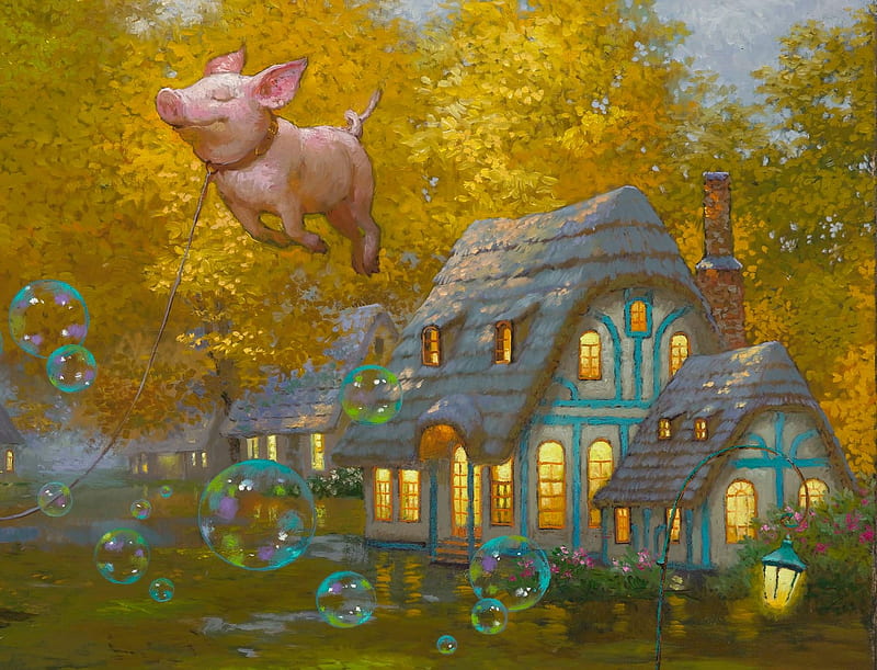 :), art, frumusete, autumn, pig, house, toamna, yellow, fantasy, bubbles, painting, piglet, child, dream, pictura, victor nizovtsev, HD wallpaper