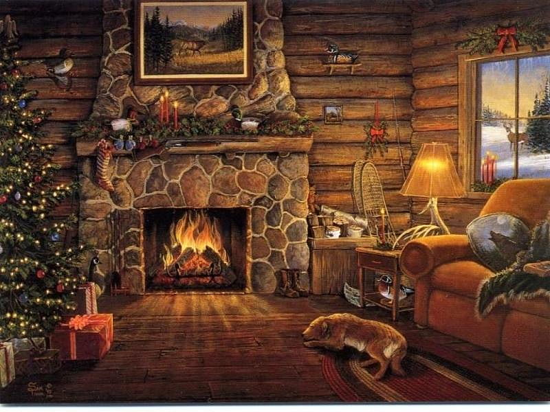 Log Cabin at Christmas, rug, lamp, christmas tree, christmas, cabin, log, fire, fireplace, log house, sofa, dog, HD wallpaper
