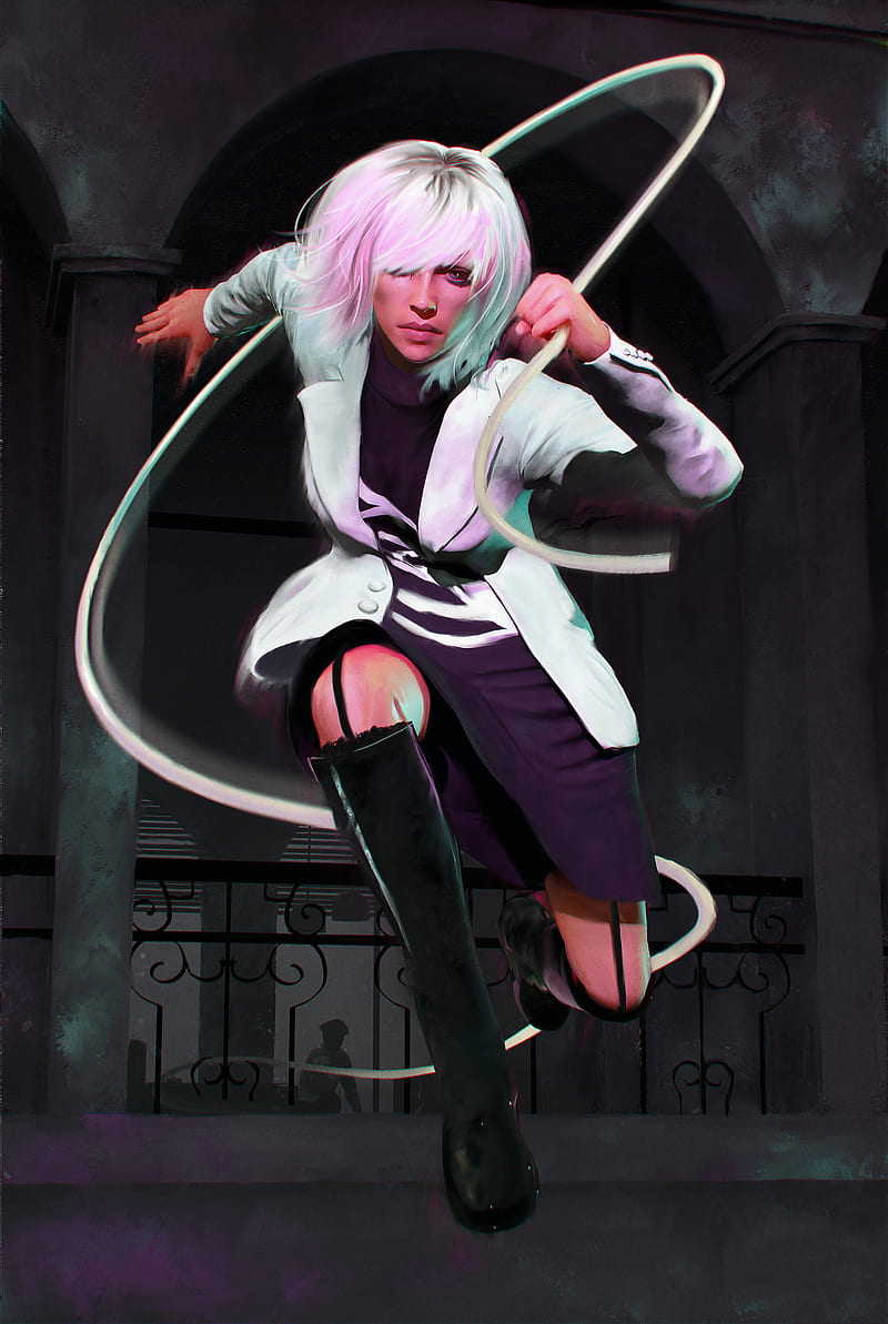 Torben Weit, blond hair, Atomic Blonde (Movie), black clothing, white coat, white clothing, long boots, black boots, Black clothes, coats, boots, fan art, looking at viewer, blonde, short hair, portrait display, knees, ropes, flying, digital painting, digital art, Lorraine Broughton, hair , artwork, Charlize Theron, closed mouth, ArtStation, HD phone wallpaper