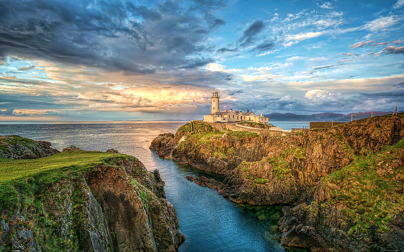 Fanad Head Lighthouse sunset, coast lighthouse, Ireland, UK, beautiful nature, United Kingdom, Great Britain, HD wallpaper