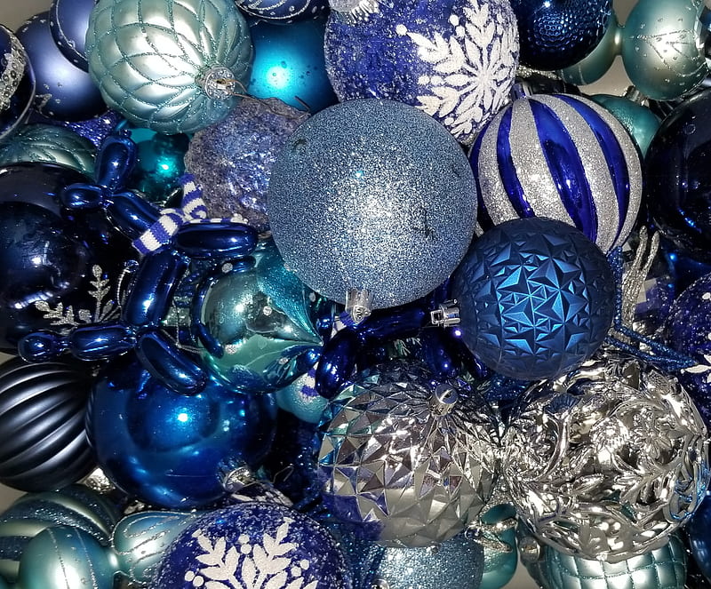 Blue Christmas, ornaments, dog, HD wallpaper