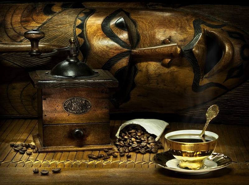 coffee morning, cup, grinder, coffee beans, mask, HD wallpaper