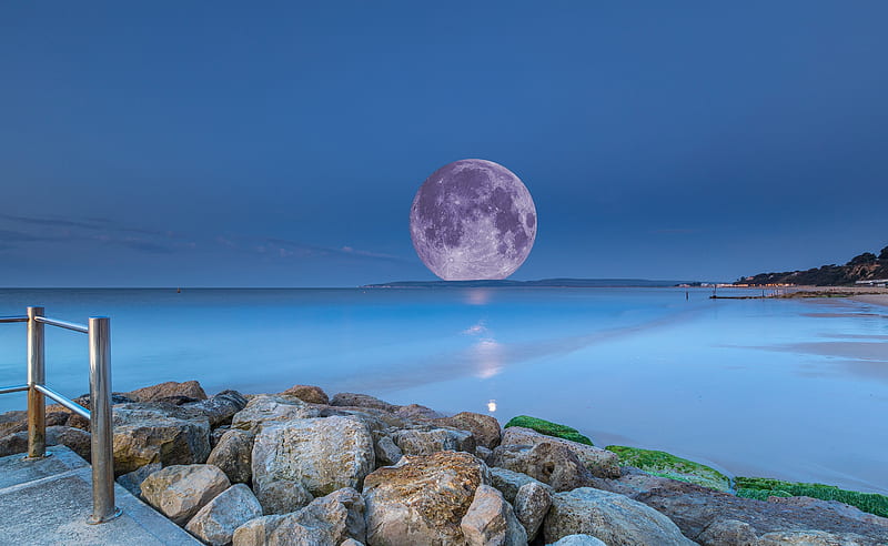 The Full Moon, Sea, beach, Boulders, Stones, Night, HD wallpaper