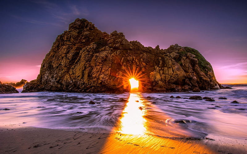America, California, sunset, beach, sea, cliffs, USA, HD wallpaper