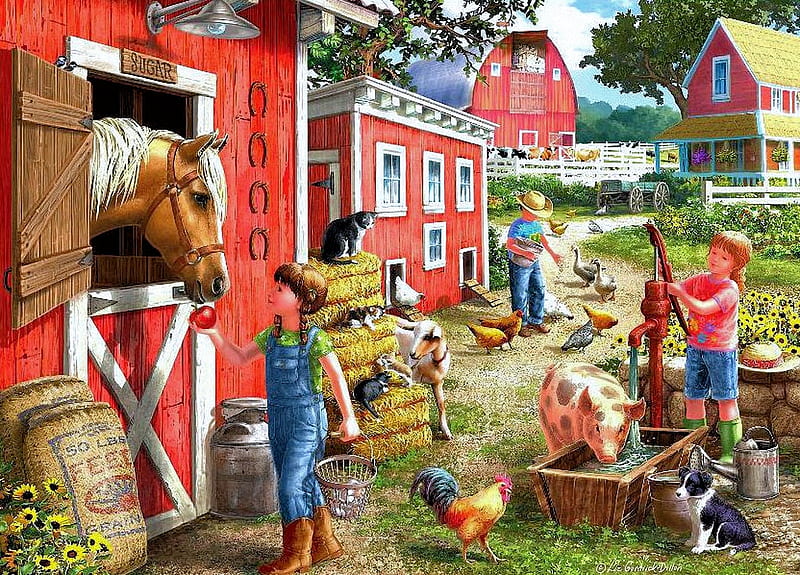 Young at Heart Farmhouse Chores, house, sunflowers, poultry, painting, children, stable, horse, barn, HD wallpaper