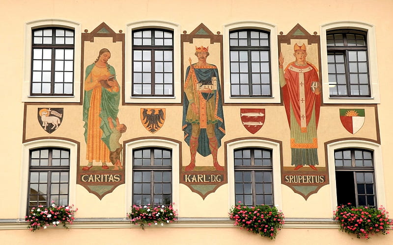 Town Hall in Germany, flowers, windows, saints, town hall, fresco, HD wallpaper