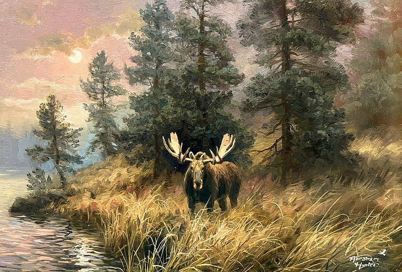 Lone Bull, moose, artwork, river, painting, trees, clouds, sky, HD wallpaper