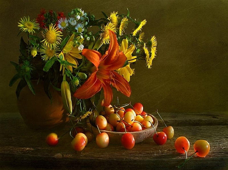 Tiger Lily and Cherries Still Life, life, orange, still, cherries, yellow, vase, tiger, abstract, sweet, flowers, lily, bowl, HD wallpaper