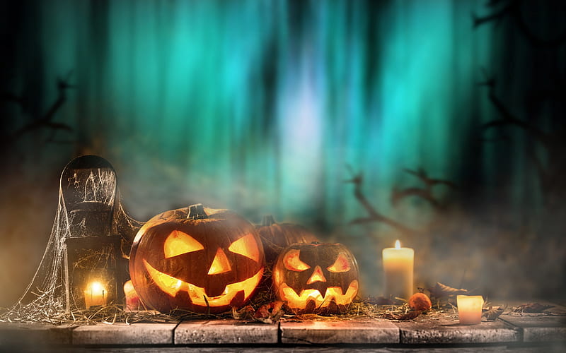 Halloween, pumpkins, night, forest, candles, October 31, autumn holidays, HD wallpaper