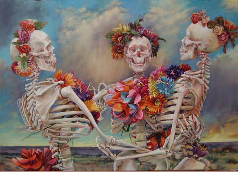 Halloween dance, halloween, flower, dance, pictura, bones, skull, art, skeleton, luminos, fantasy, painting, HD wallpaper