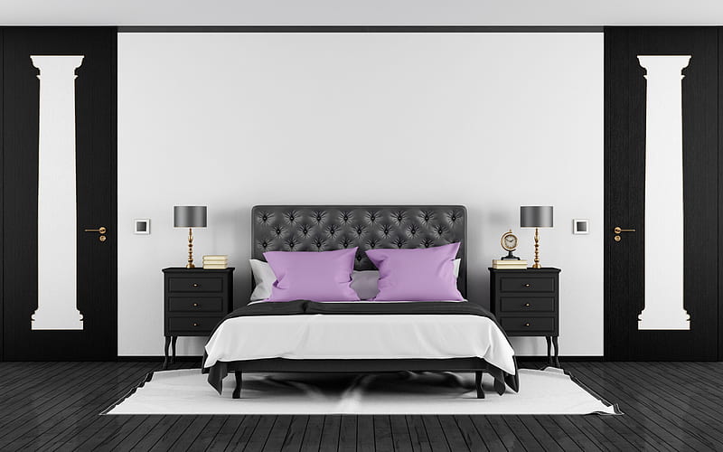 modern stylish bedroom design, classic style, white black bedroom, black wooden doors, black bedside tables, modern interior design, HD wallpaper