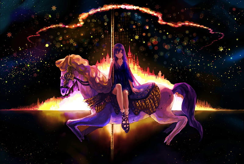 Carousel, kingdom, girl, anime, carousel horse, HD wallpaper
