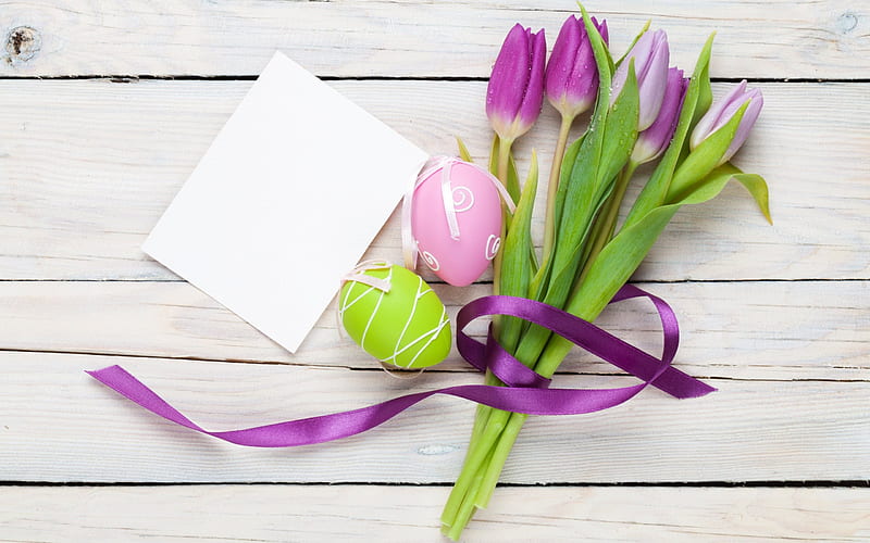 Easter background, purple tulips, spring flowers, Easter, wooden background, bouquet of tulips, Easter eggs, HD wallpaper