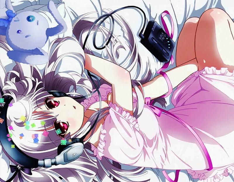 Julie Sigtuna, julie, silver hair, pink, ecchi, bed, absolute duo, red  eyes, HD wallpaper