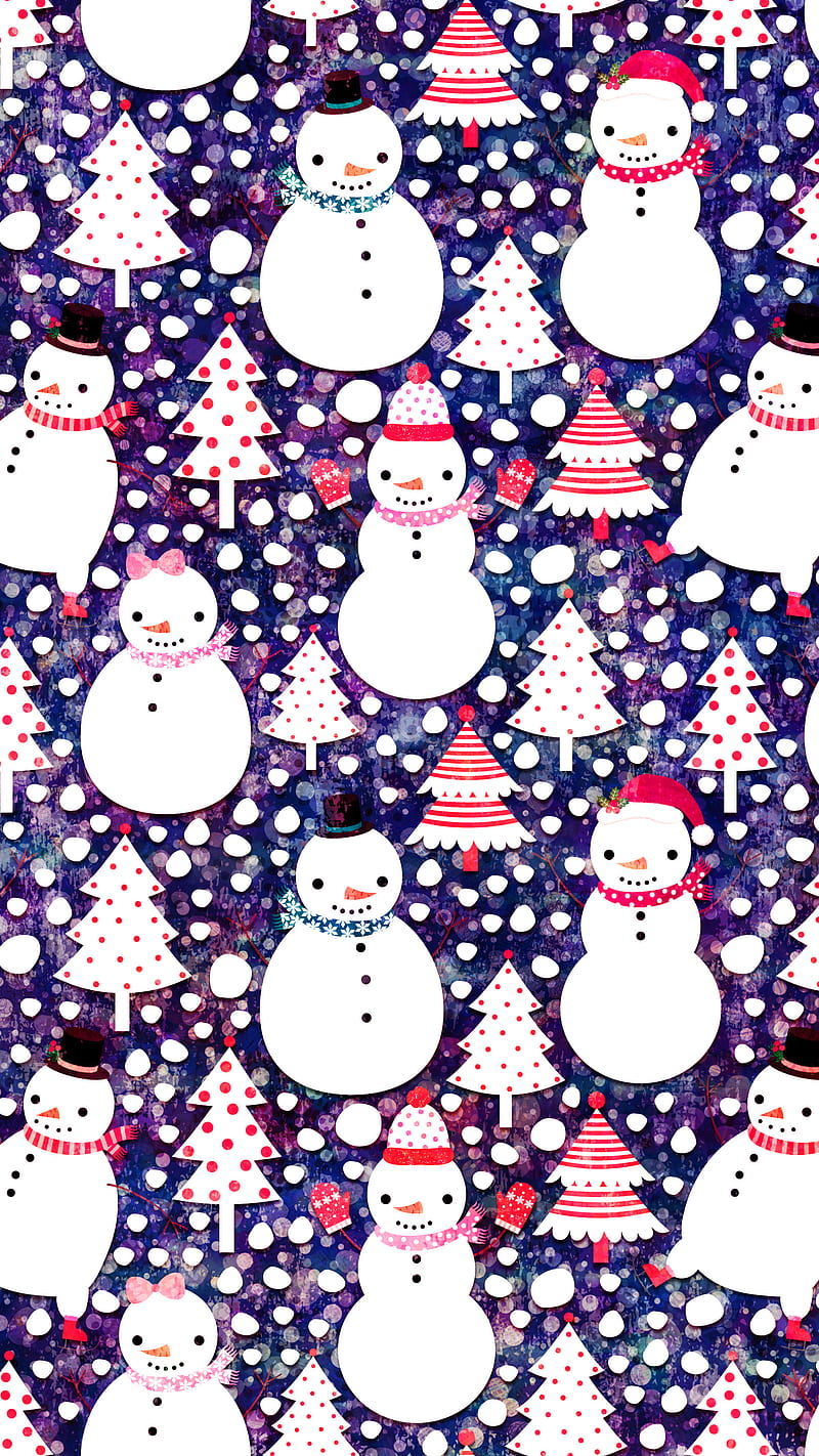 Cute Winter Snowmen, Adoxali, Christmas, December, blue, carrot, clothes, face, festive, frost, funny, happy, hat, holiday, illustration, kawaii, man, merry, mittens, new year, pattern, pink, red, scarf, season, seasonal, snow, snowflake, snowman, tree, whimsical, white, xmas, year, HD phone wallpaper