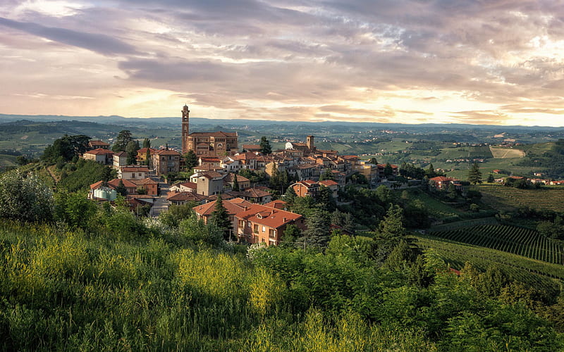 La Morra, Piedmont, evening, sunset, beautiful city, tourism, La Morra panorama, La Morra cityscape, Italy, HD wallpaper