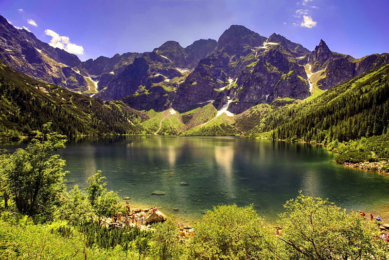 Lake in Polish Tatras, shore, grass, bonito, mountain, nice, calm ...