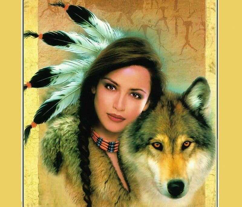 Spirit Of The Wolf~For Littlecloud, indian, woman, fantasy, beauty, native, wolf, eyes, feathers, black hair, creature, HD wallpaper