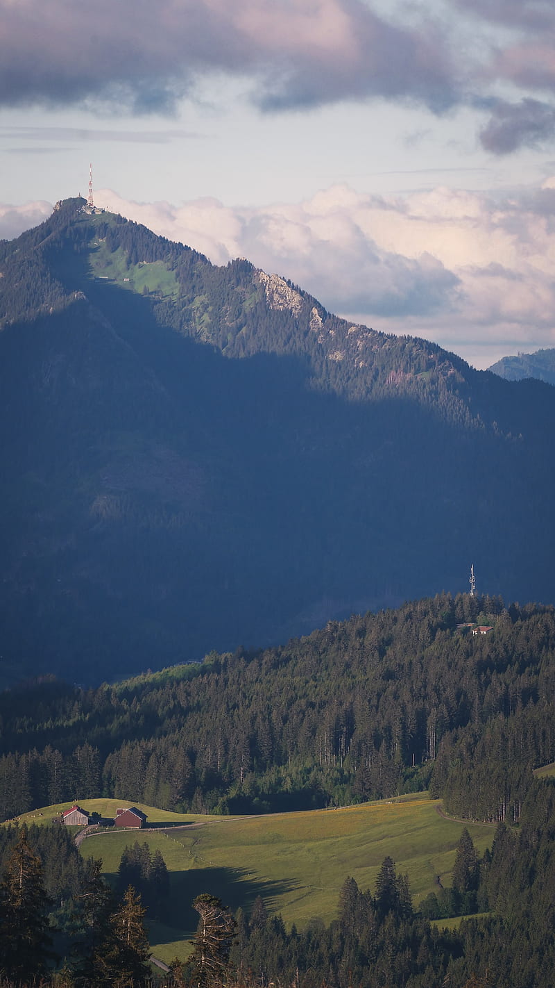 mountain, peak, trees, building, hill, HD phone wallpaper