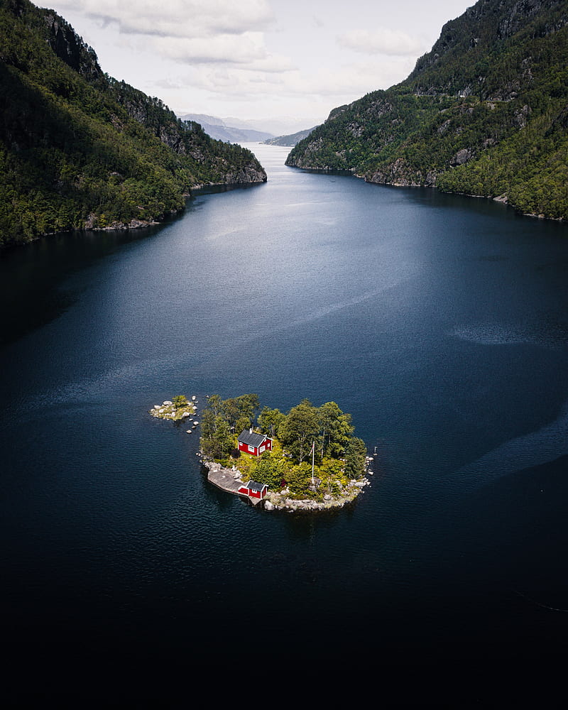 island, house, lake, rocks, trees, HD phone wallpaper