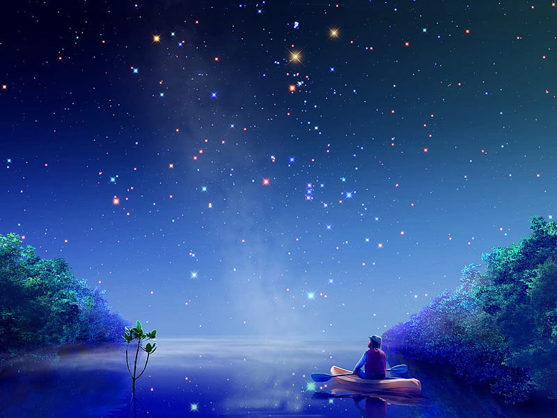 Blue River, stars, boat, sky, trees, HD wallpaper