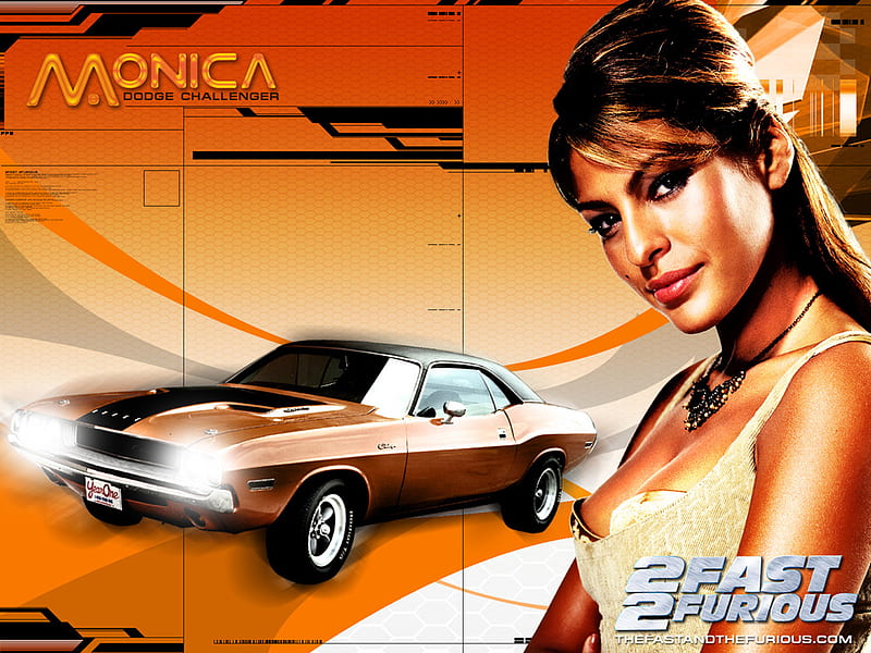 Monica Fuentes- 2 Fast 2 Furious, monica fuentes, eva mendes, orange, 2 fast 2 furious, dodge challenger, HD wallpaper
