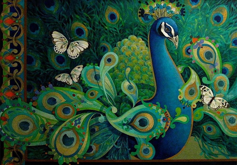 Peacock, david galchutt, paun, pasari, blue, art, butterfly, bird, green, painting, pictura, HD wallpaper
