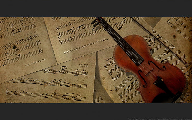 D.C. - Da Capo, violin, music, sheet, sepia tone, vintage, HD wallpaper