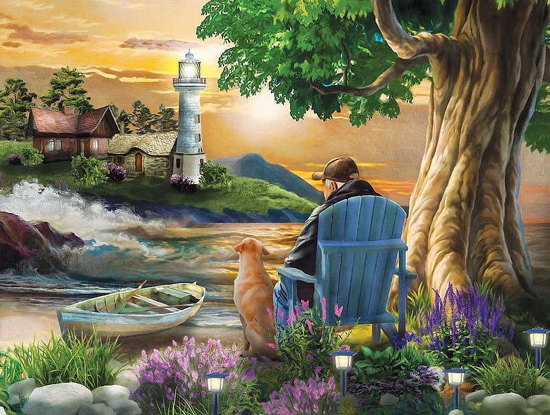 Old Friends, flowers, man, chair, dog, sea, lighthouse, artwork, boat, tree, painting, HD wallpaper