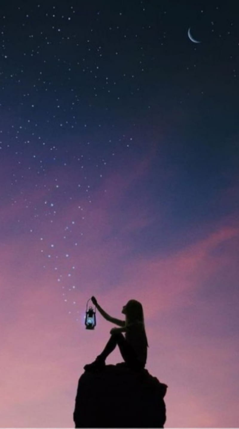Beautiful sky , aesthetic, colorful, girl, moon, night, pink, stars, HD phone wallpaper