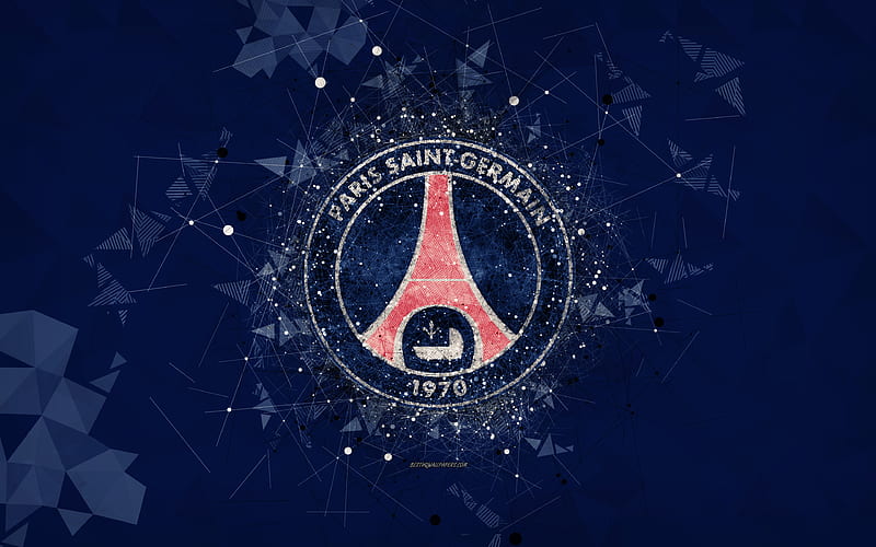 PSG, Paris Saint-Germain art logo, blue abstract background, french soccer club, league 1, France, football, geometric art, HD wallpaper