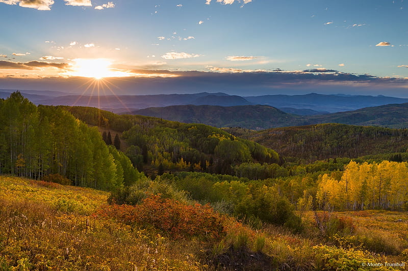 Sunset in Routt County, Steamboat Springs, Colorado, autumn, sun, sky, mountains, landscape, HD wallpaper