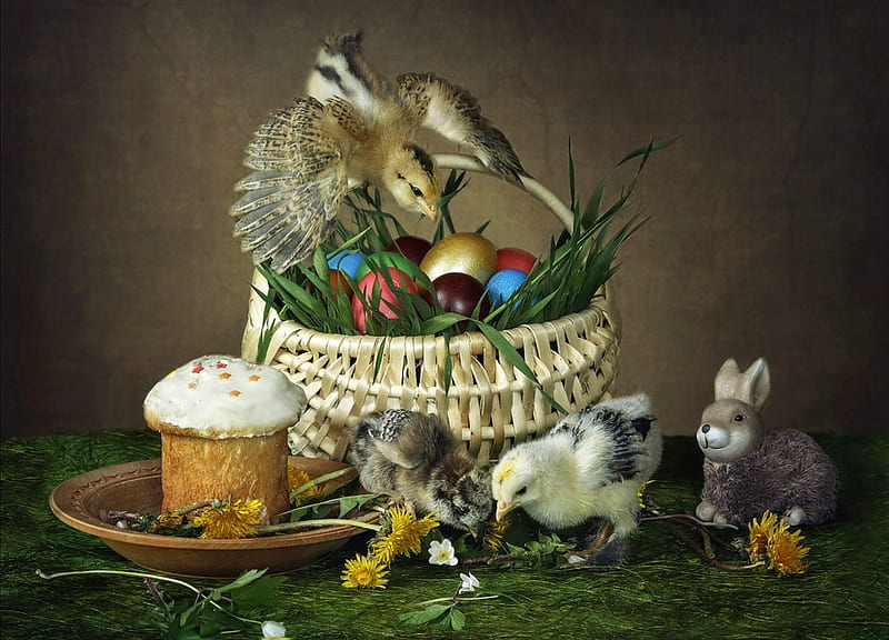 Happy Easter!, cake, deco, daykiney, wings, chicken, easter, card, cute, egg, basket, chicks, HD wallpaper